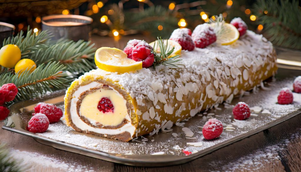 Bûche de Noël vegan citron coco framboises